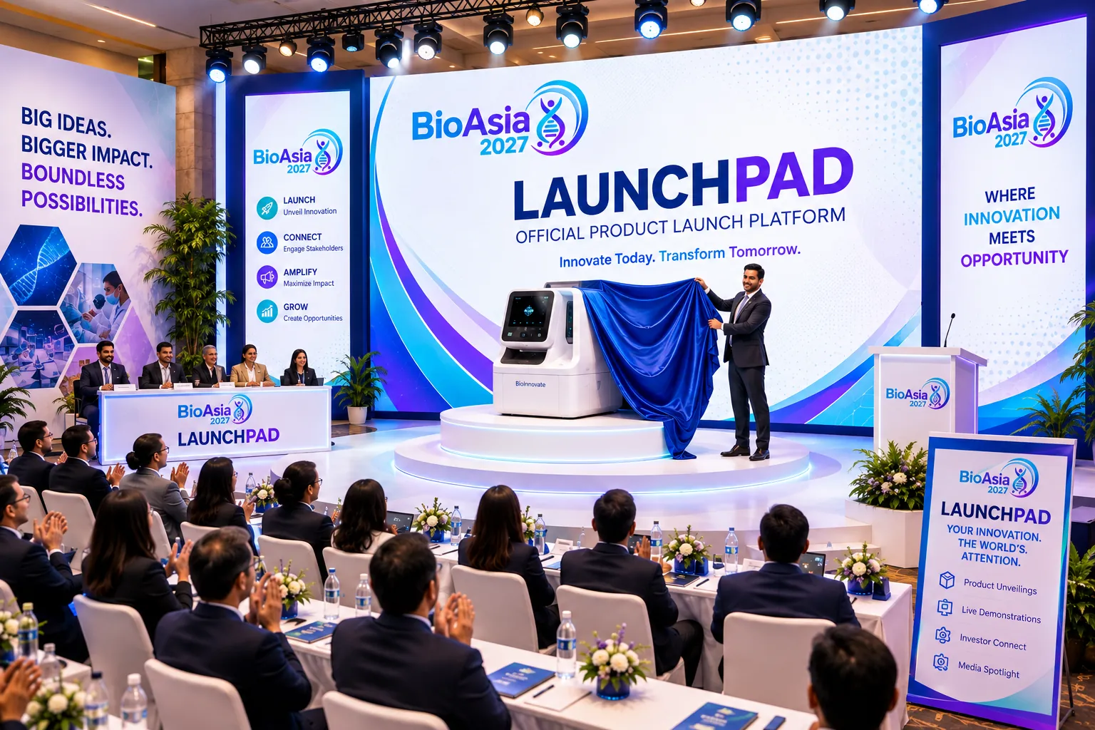 A product being unveiled on the BioAsia 2027 Launchpad stage